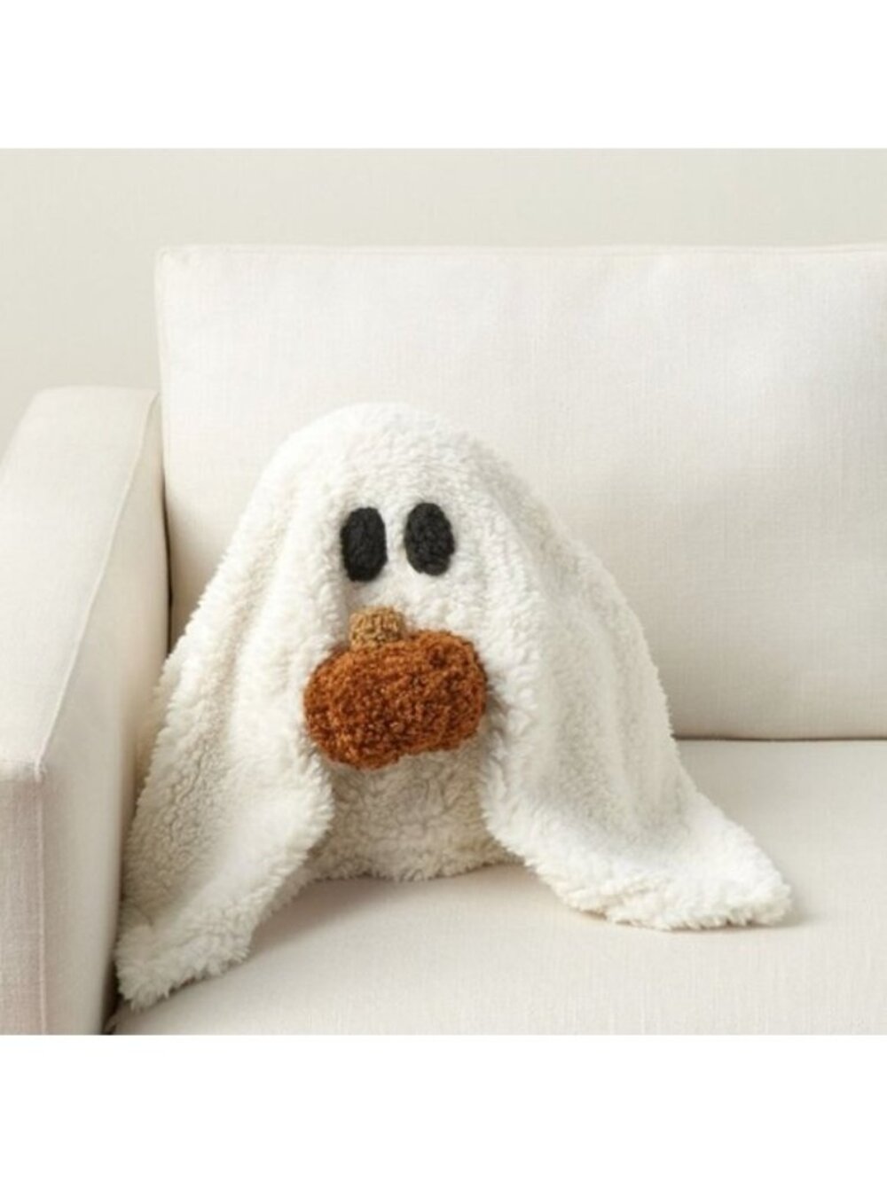Pottery Barn Gus the Ghost with Pumpkin Pillow NEW White Orange Halloween Spooky